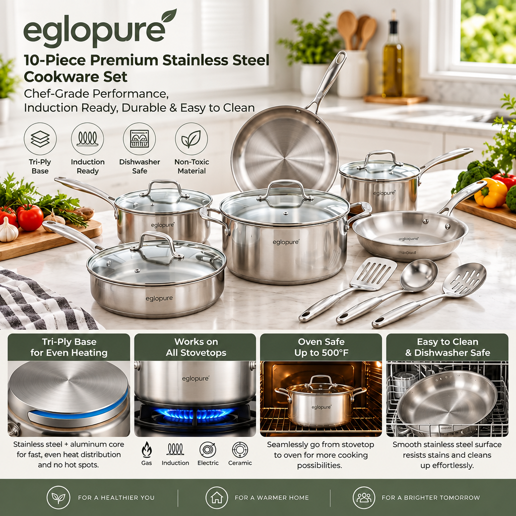 eglopure Professional 10-Piece Stainless Steel Kitchen Cookware Suite – Non-Toxic Tri-Ply Pots, Skillets, Sauté Pan & Utensil Set for Induction, Gas & Electric