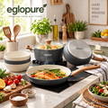 eglopure Premium Ceramic Non-Toxic Cookware & Serving Bowl Suite – Healthy Nonstick Frying Pan, Stockpot, Saucepans & Wood Utensils for All Stovetops