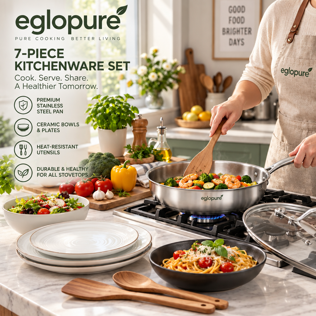 eglopure 7-Piece Kitchen Cookware and Dinnerware Set – Stainless Steel Frying Pan with Lid, Ceramic Tableware Dishes & Wooden Spatula Set for All Stovetops