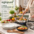 eglopure 7-Piece Kitchen Cookware and Dinnerware Set – Stainless Steel Frying Pan with Lid, Ceramic Tableware Dishes & Wooden Spatula Set for All Stovetops