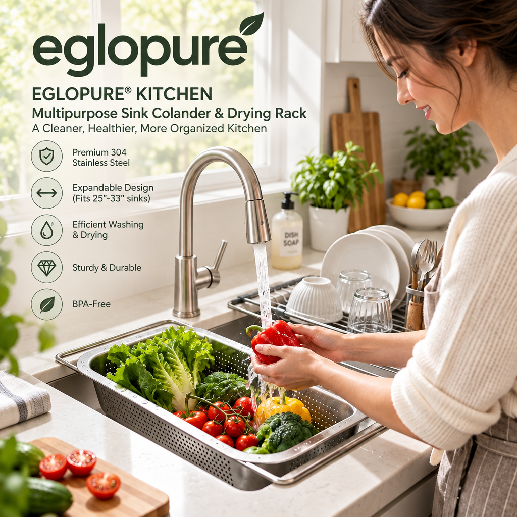eglopure Multipurpose In-Sink Colander & Utensil Drying Rack – Premium Rustproof 304 Stainless Steel Food Strainer for Produce Prep & Tableware Drying