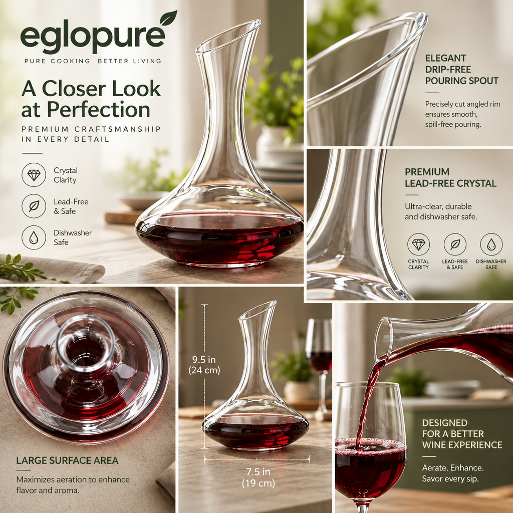 eglopure Wine Decanter and Carafe – 100% Lead-Free Crystal Glass Red Wine Aerator with Slanted Drip-Proof Pouring Spout for Wine Lovers