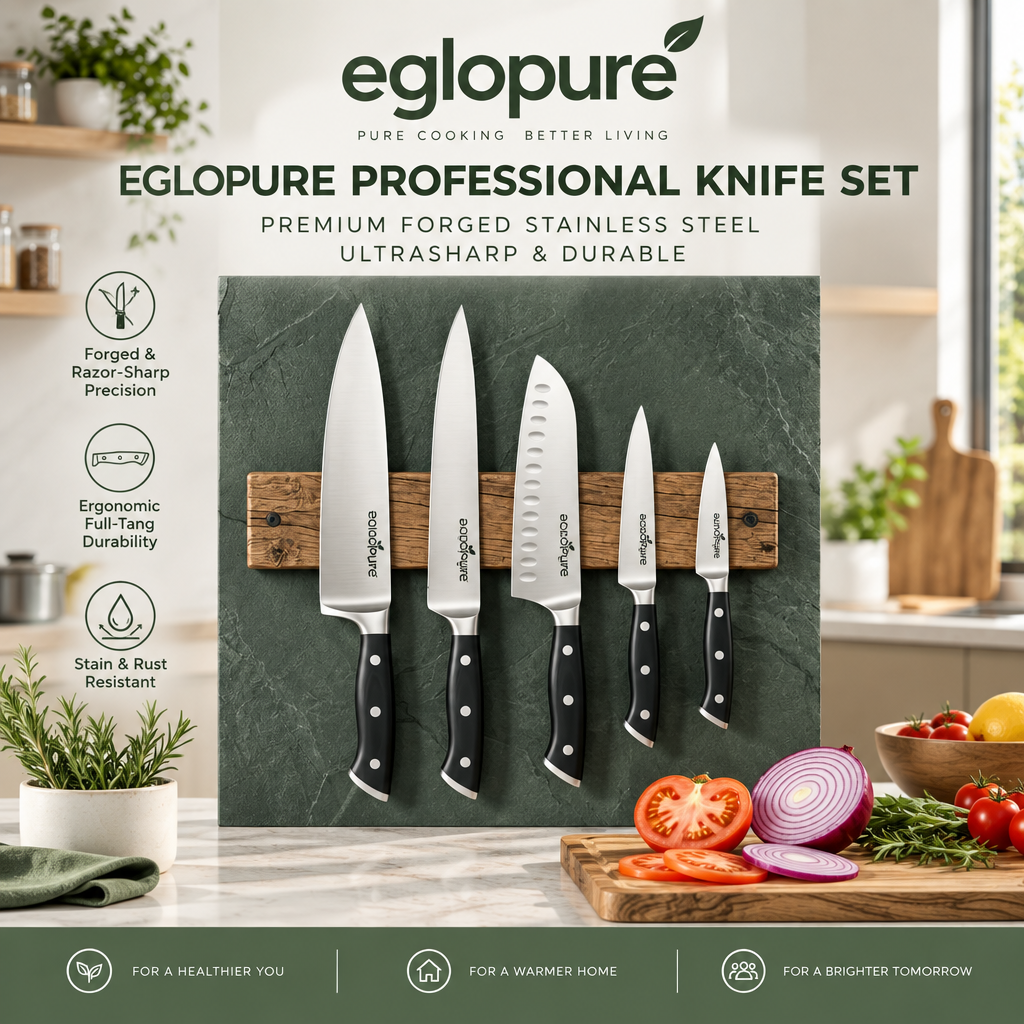 eglopure Professional 5-Piece Kitchen Knife Set – Forged High-Carbon Stainless Steel Chef Knives with Ergonomic Full-Tang Triple-Rivet Handles