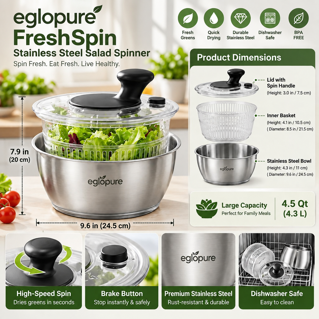 eglopure Stainless Steel Salad Spinner with Bowl and Strainer Basket – 4.5 Quart High-Speed Fruit and Vegetable Washer Dryer with Brake Button for Kitchen
