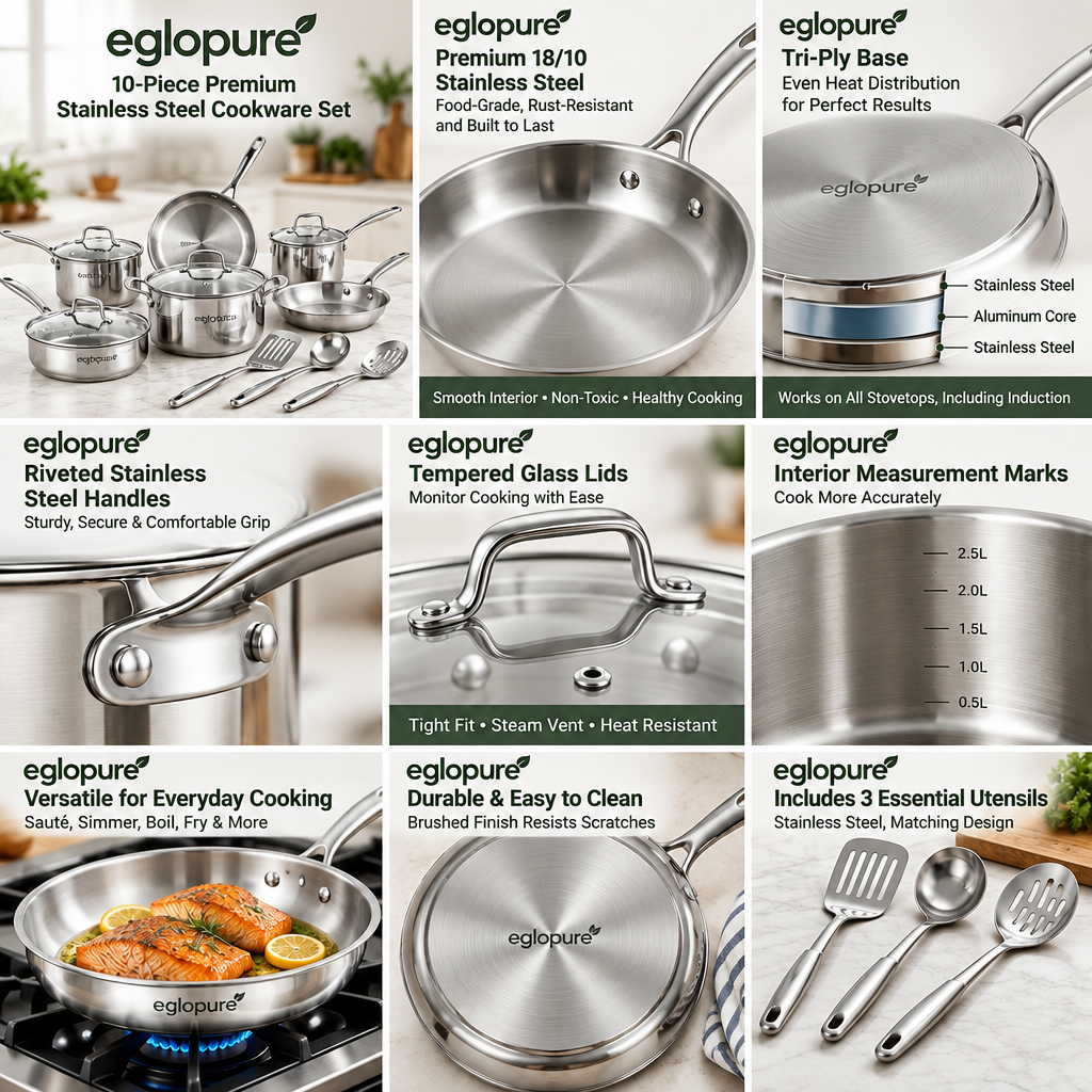 eglopure Professional 10-Piece Stainless Steel Kitchen Cookware Suite – Non-Toxic Tri-Ply Pots, Skillets, Sauté Pan & Utensil Set for Induction, Gas & Electric