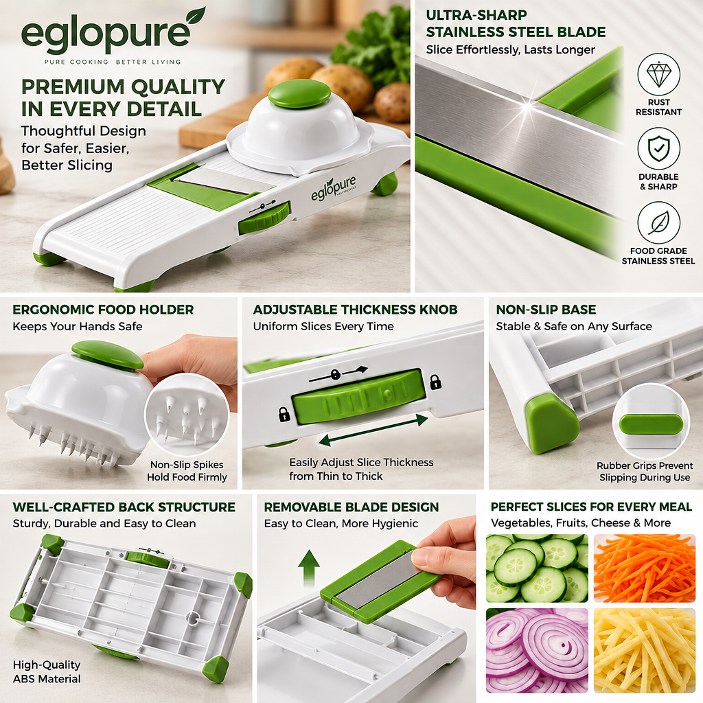 eglopure Handheld Vegetable Mandoline Slicer – Adjustable Thickness Food Slicer for Potato Chips, Salads & Cabbage Shredding (Model EMS-100)