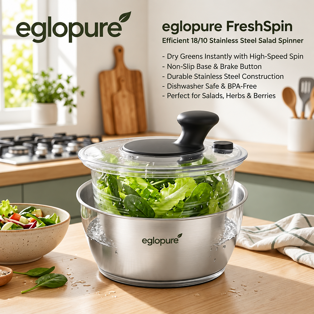 eglopure Stainless Steel Salad Spinner with Bowl and Strainer Basket – 4.5 Quart High-Speed Fruit and Vegetable Washer Dryer with Brake Button for Kitchen