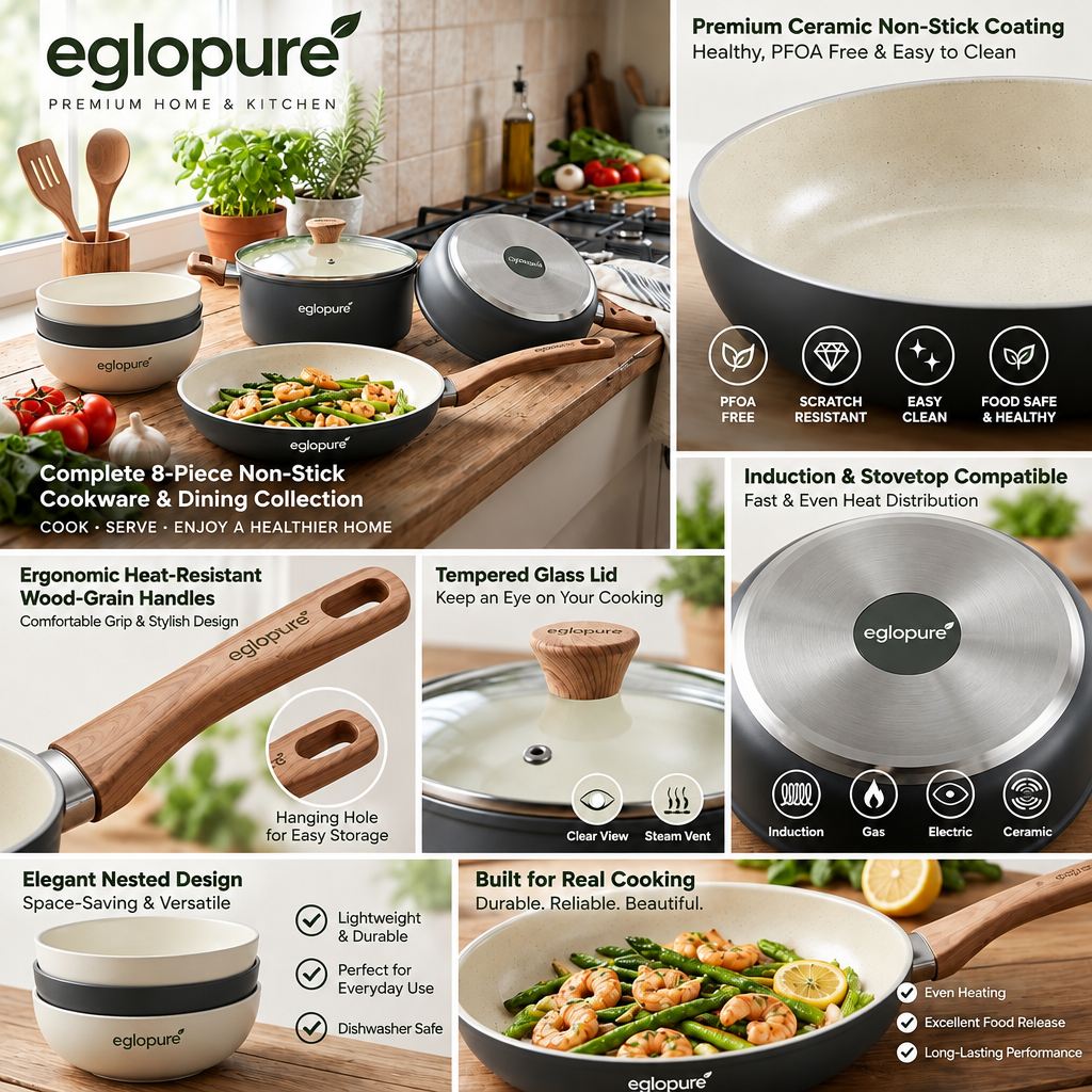 eglopure Premium Ceramic Non-Toxic Cookware & Serving Bowl Suite – Healthy Nonstick Frying Pan, Stockpot, Saucepans & Wood Utensils for All Stovetops