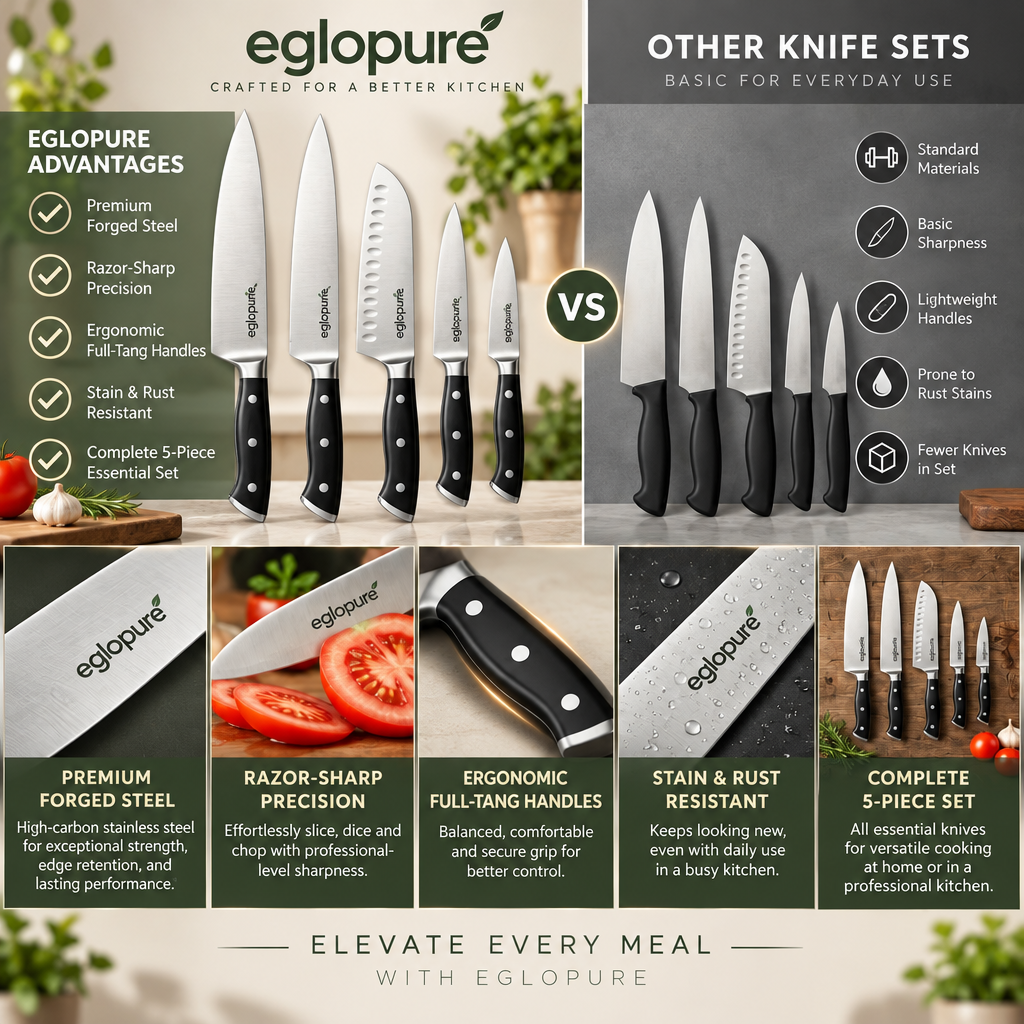 eglopure Professional 5-Piece Kitchen Knife Set – Forged High-Carbon Stainless Steel Chef Knives with Ergonomic Full-Tang Triple-Rivet Handles