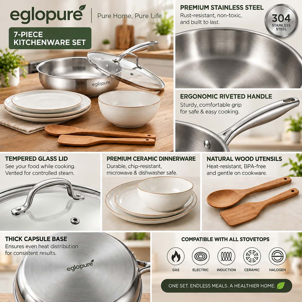 eglopure 7-Piece Kitchen Cookware and Dinnerware Set – Stainless Steel Frying Pan with Lid, Ceramic Tableware Dishes & Wooden Spatula Set for All Stovetops