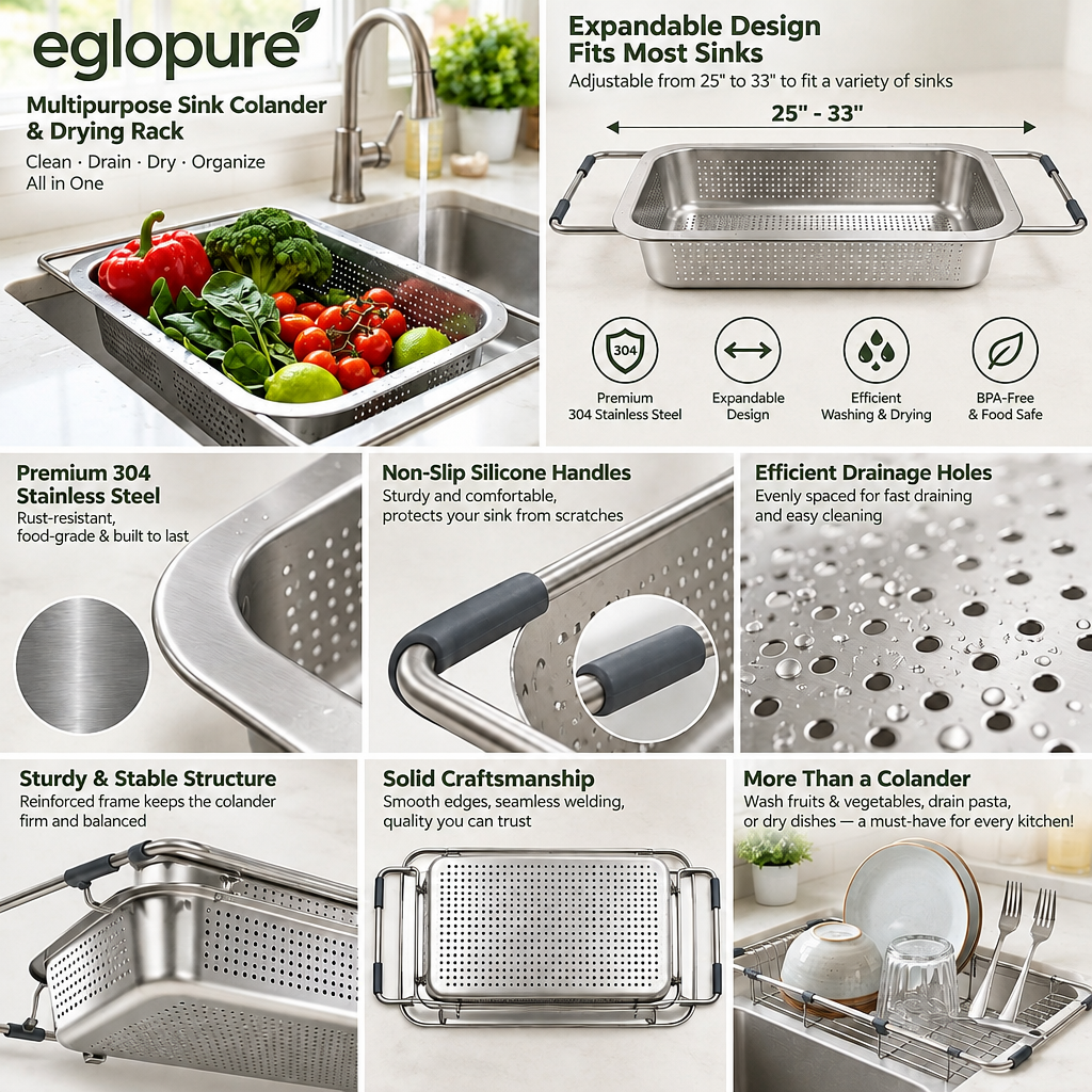 eglopure Multipurpose In-Sink Colander & Utensil Drying Rack – Premium Rustproof 304 Stainless Steel Food Strainer for Produce Prep & Tableware Drying