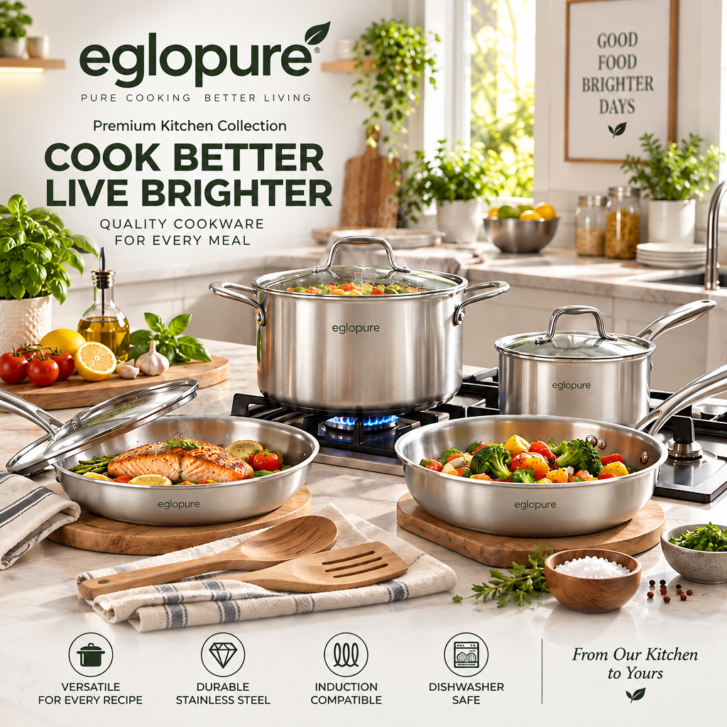 eglopure Premium Kitchen Collection 10-Piece Cookware Suite – Durable 5-Ply Even-Heat Frying Pans, Stockpot, Saucepan & Utensils for All Cooktops