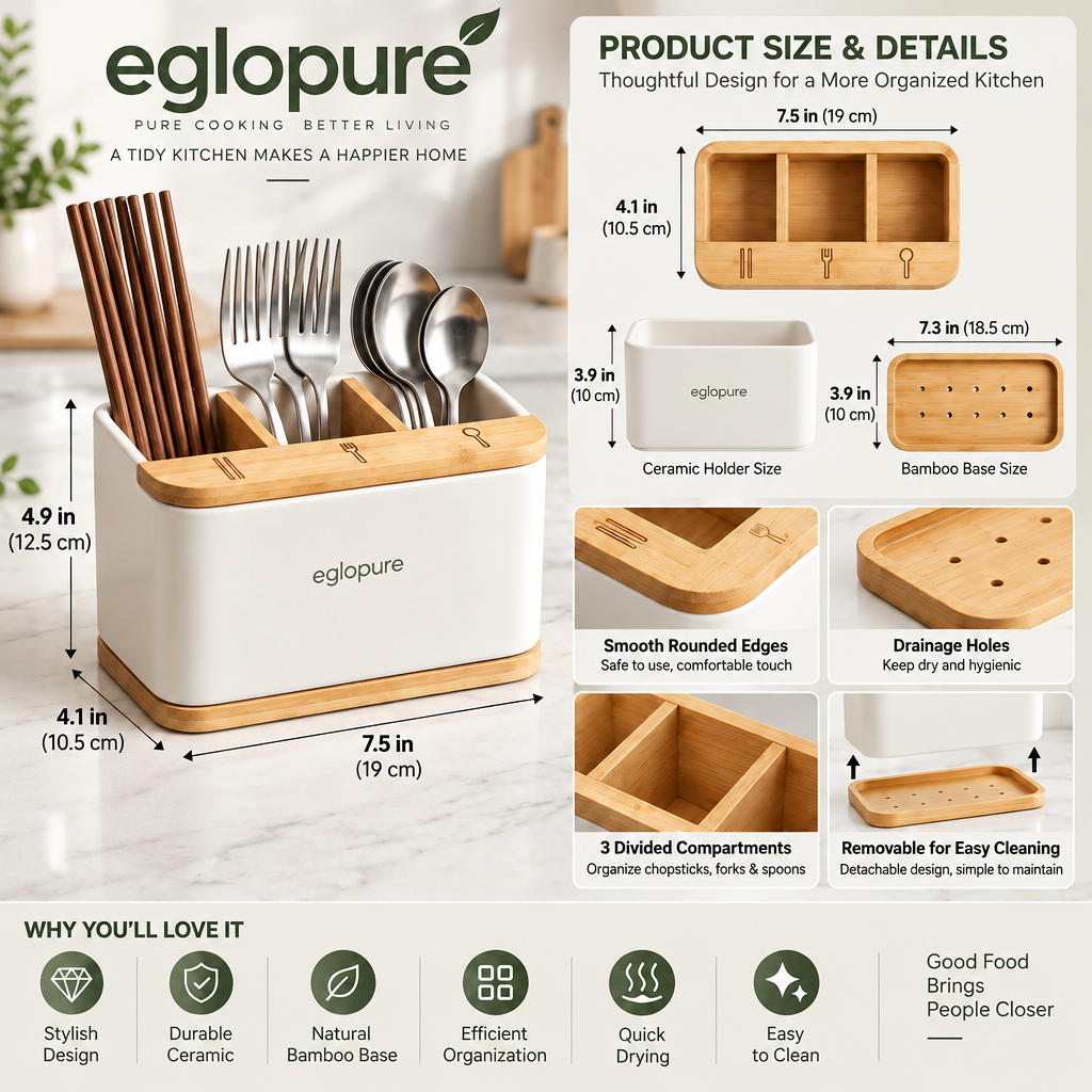 eglopure Countertop Silverware Caddy – Matte White Kitchen Utensil Organizer with Removable Bamboo Base & Dividers for Chopsticks, Forks & Spoons