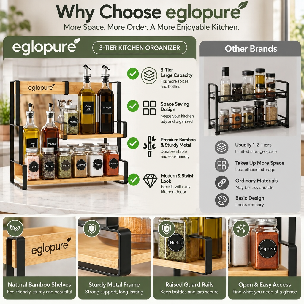 eglopure 3-Tier Standing Spice Organizer Shelf – Modern Bamboo Wood & Metal Countertop Spice Rack for Kitchen Pantry, Cabinet & Dining Table