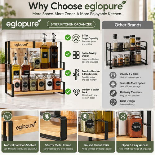 eglopure 3-Tier Standing Spice Organizer Shelf – Modern Bamboo Wood & Metal Countertop Spice Rack for Kitchen Pantry, Cabinet & Dining Table