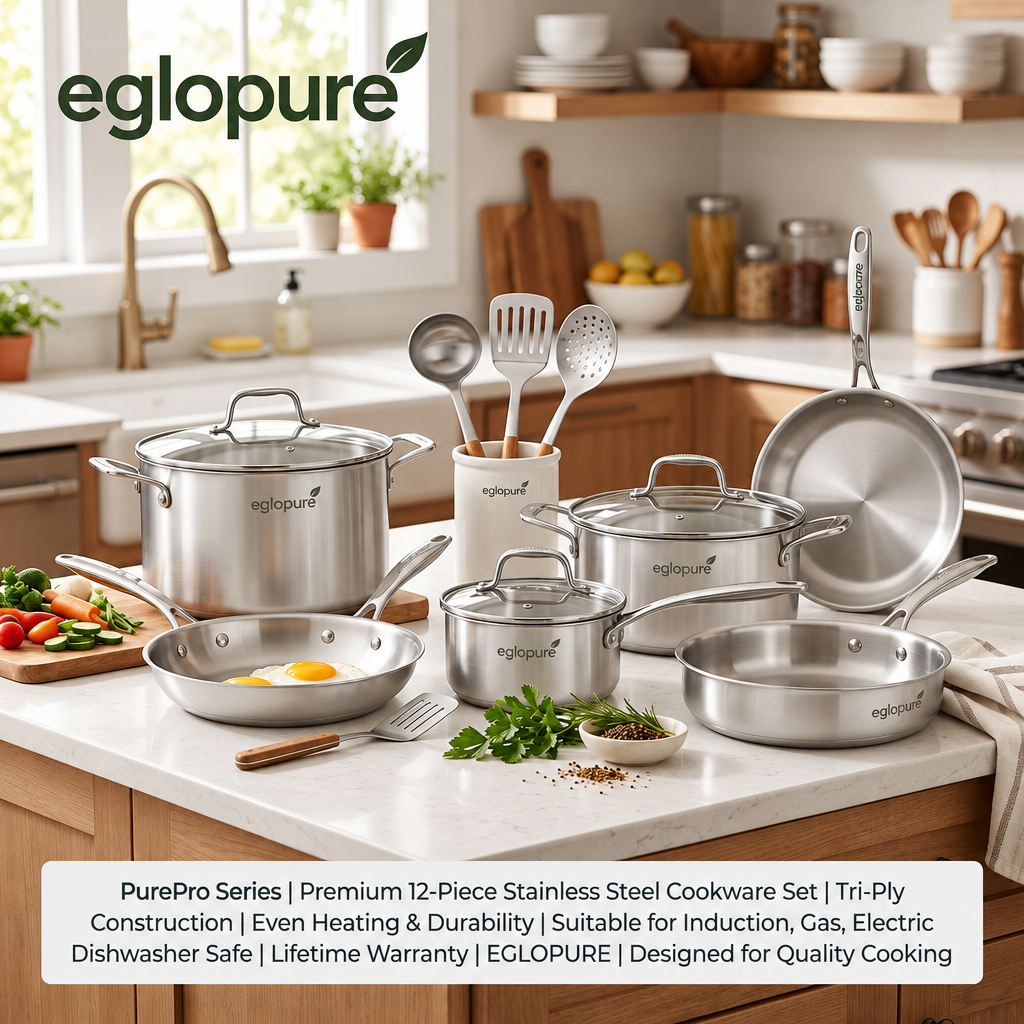 eglopure Professional Tri-Ply Stainless Steel 12-Piece Kitchen Cookware Set – Heavy-Duty Skillets, Stockpot, Saucepans & Cooking Tools (Induction, Gas, Electric)