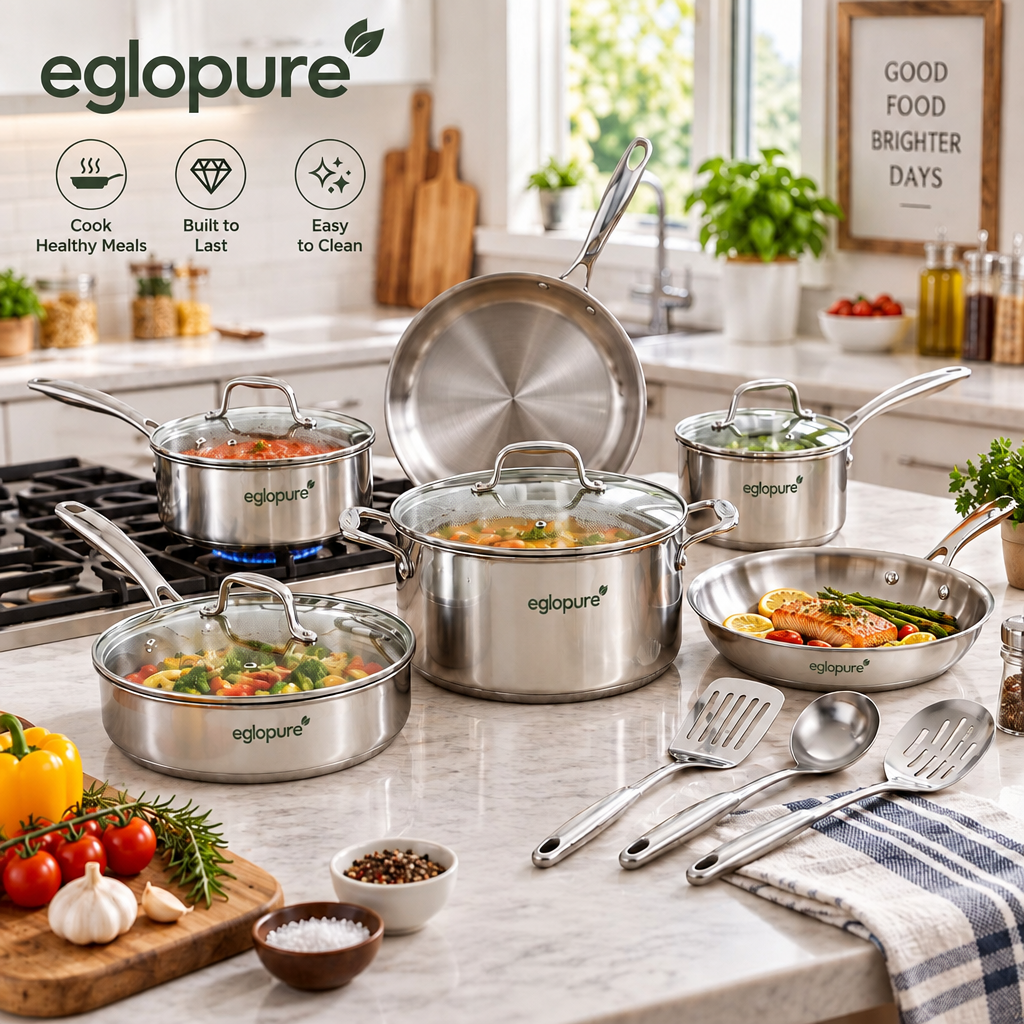 eglopure Professional 10-Piece Stainless Steel Kitchen Cookware Suite – Non-Toxic Tri-Ply Pots, Skillets, Sauté Pan & Utensil Set for Induction, Gas & Electric