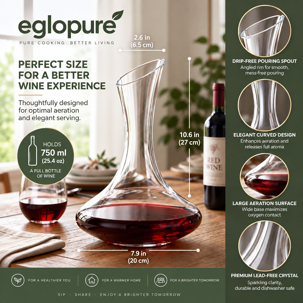 eglopure Wine Decanter and Carafe – 100% Lead-Free Crystal Glass Red Wine Aerator with Slanted Drip-Proof Pouring Spout for Wine Lovers