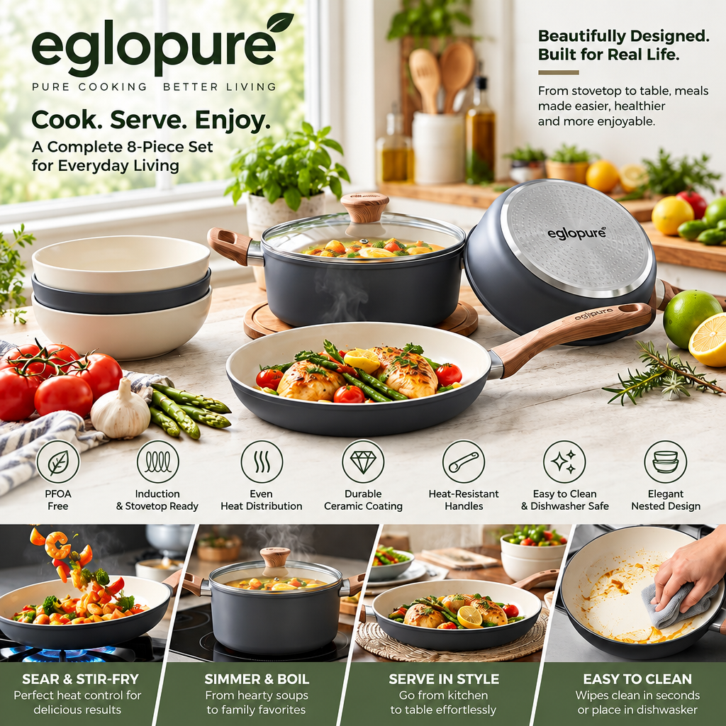 eglopure Premium Ceramic Non-Toxic Cookware & Serving Bowl Suite – Healthy Nonstick Frying Pan, Stockpot, Saucepans & Wood Utensils for All Stovetops