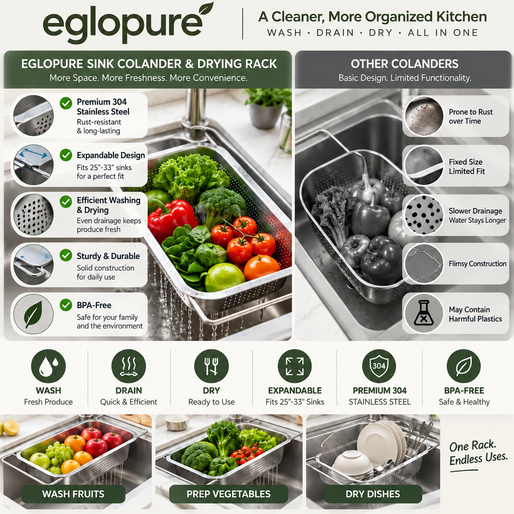eglopure Multipurpose In-Sink Colander & Utensil Drying Rack – Premium Rustproof 304 Stainless Steel Food Strainer for Produce Prep & Tableware Drying