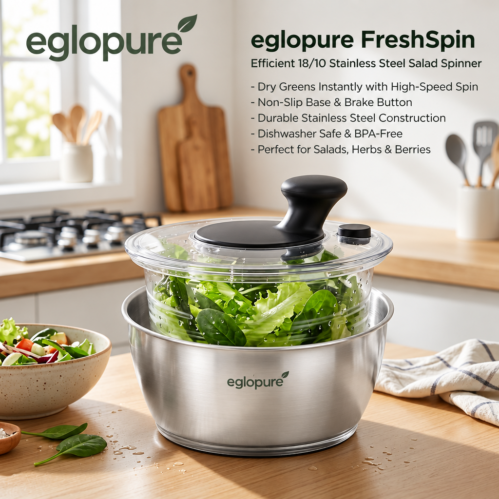 eglopure Stainless Steel Salad Spinner with Bowl and Strainer Basket – 4.5 Quart High-Speed Fruit and Vegetable Washer Dryer with Brake Button for Kitchen