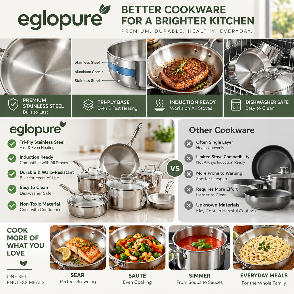 eglopure Professional 10-Piece Stainless Steel Kitchen Cookware Suite – Non-Toxic Tri-Ply Pots, Skillets, Sauté Pan & Utensil Set for Induction, Gas & Electric