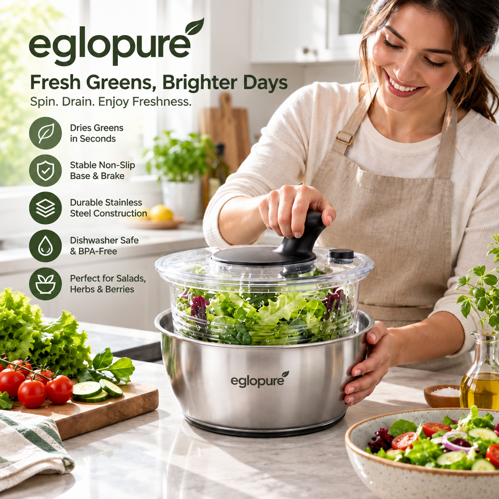 eglopure Stainless Steel Salad Spinner with Bowl and Strainer Basket – 4.5 Quart High-Speed Fruit and Vegetable Washer Dryer with Brake Button for Kitchen