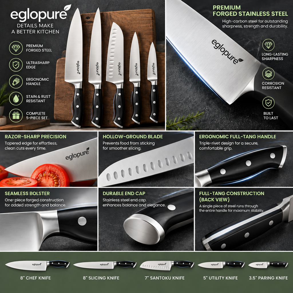 eglopure Professional 5-Piece Kitchen Knife Set – Forged High-Carbon Stainless Steel Chef Knives with Ergonomic Full-Tang Triple-Rivet Handles