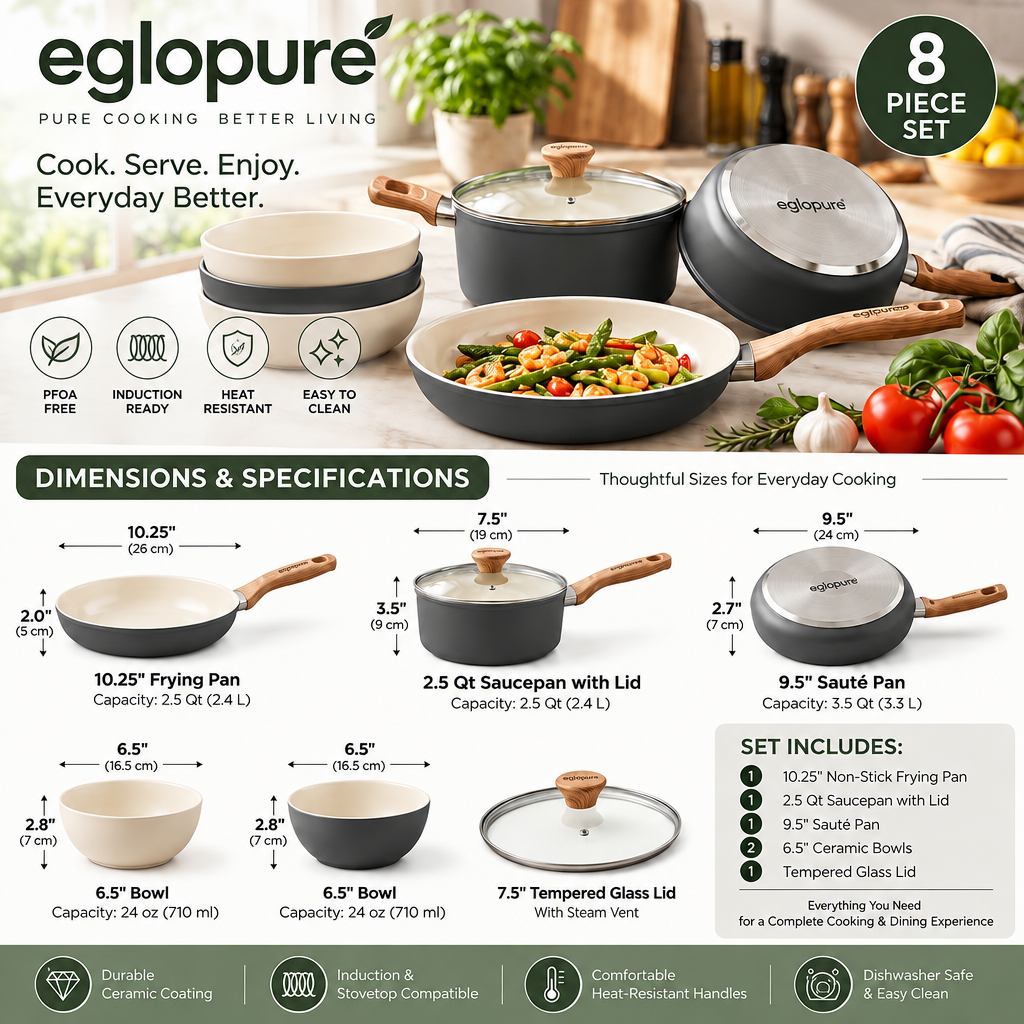 eglopure Premium Ceramic Non-Toxic Cookware & Serving Bowl Suite – Healthy Nonstick Frying Pan, Stockpot, Saucepans & Wood Utensils for All Stovetops