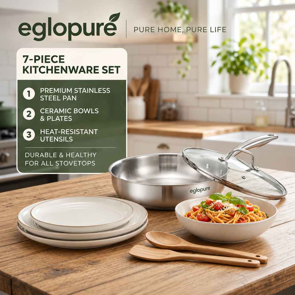 eglopure 7-Piece Kitchen Cookware and Dinnerware Set – Stainless Steel Frying Pan with Lid, Ceramic Tableware Dishes & Wooden Spatula Set for All Stovetops