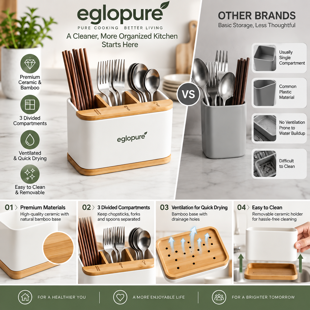 eglopure Countertop Silverware Caddy – Matte White Kitchen Utensil Organizer with Removable Bamboo Base & Dividers for Chopsticks, Forks & Spoons