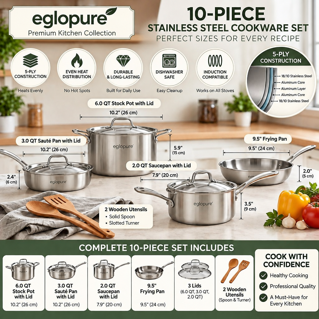eglopure Premium Kitchen Collection 10-Piece Cookware Suite – Durable 5-Ply Even-Heat Frying Pans, Stockpot, Saucepan & Utensils for All Cooktops