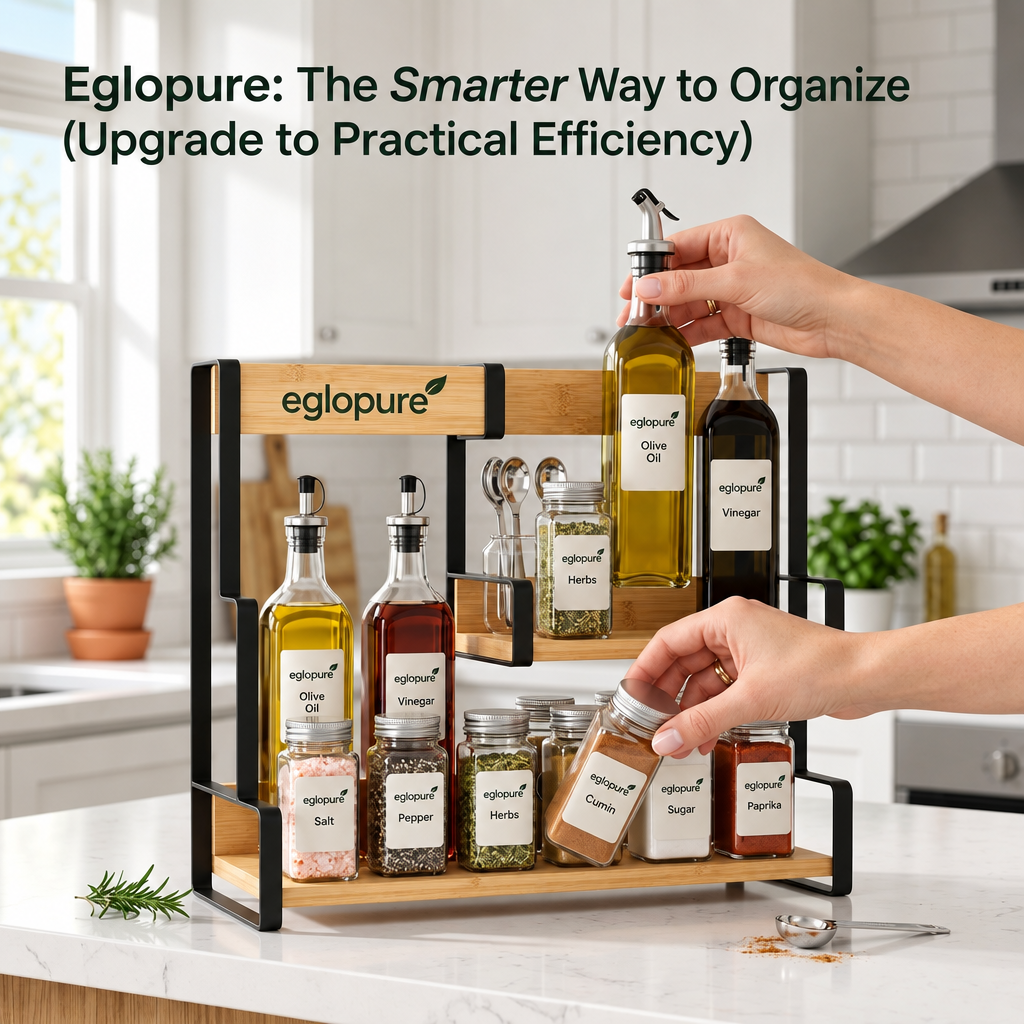 eglopure 3-Tier Standing Spice Organizer Shelf – Modern Bamboo Wood & Metal Countertop Spice Rack for Kitchen Pantry, Cabinet & Dining Table