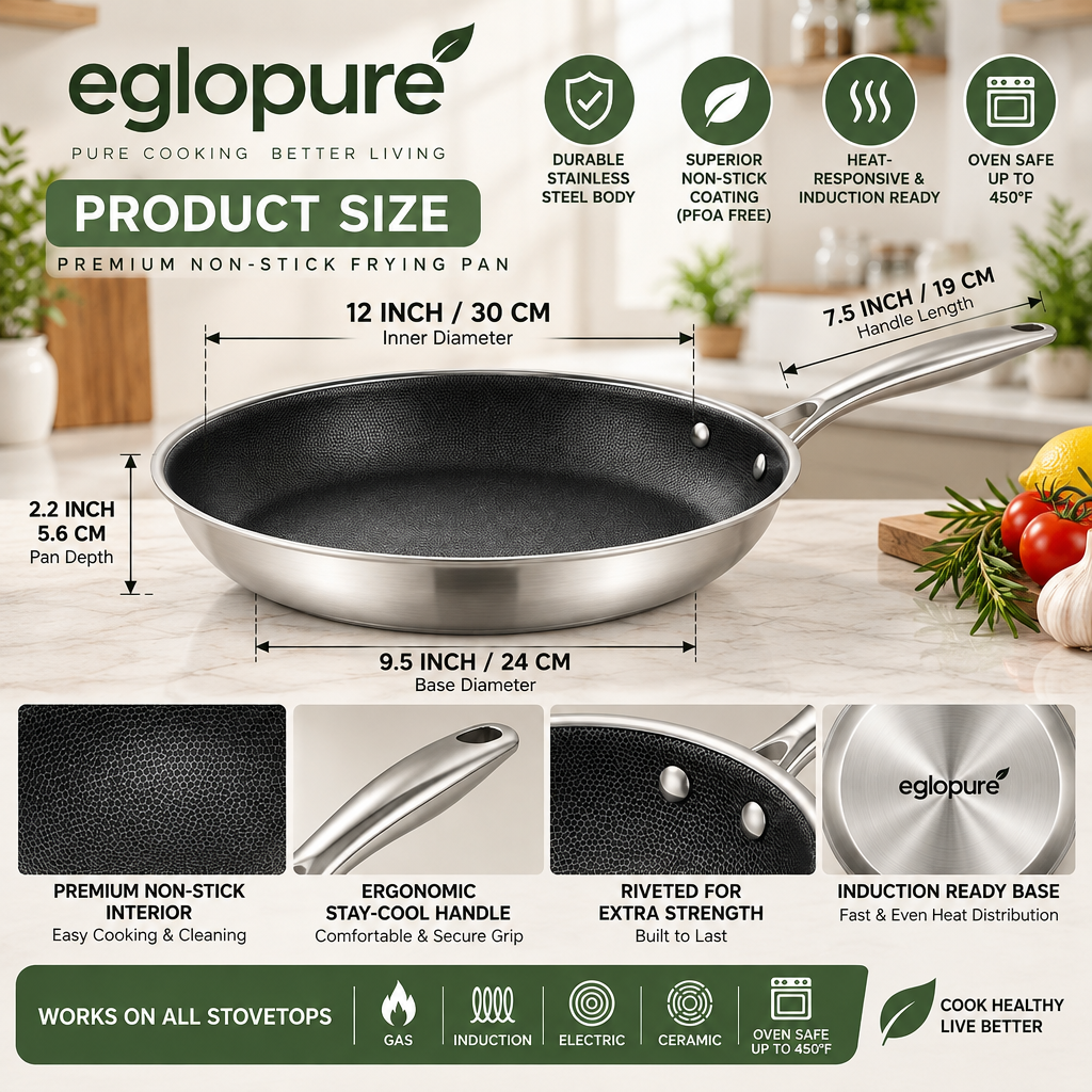 eglopure Premium Tri-Ply Stainless Steel Skillet – Scratch-Resistant Non-Stick Sauté Pan for Everyday Cooking on All Cooktops (Built to Last)