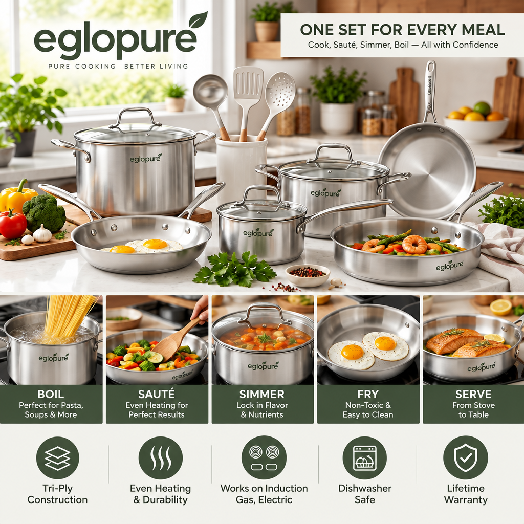 eglopure Professional Tri-Ply Stainless Steel 12-Piece Kitchen Cookware Set – Heavy-Duty Skillets, Stockpot, Saucepans & Cooking Tools (Induction, Gas, Electric)