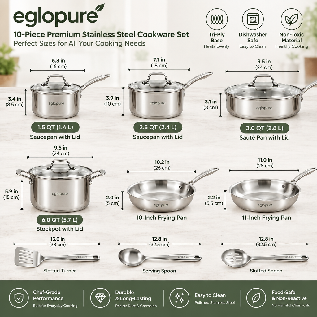 eglopure Professional 10-Piece Stainless Steel Kitchen Cookware Suite – Non-Toxic Tri-Ply Pots, Skillets, Sauté Pan & Utensil Set for Induction, Gas & Electric