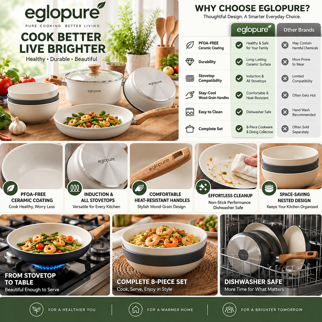 eglopure Premium Ceramic Non-Toxic Cookware & Serving Bowl Suite – Healthy Nonstick Frying Pan, Stockpot, Saucepans & Wood Utensils for All Stovetops