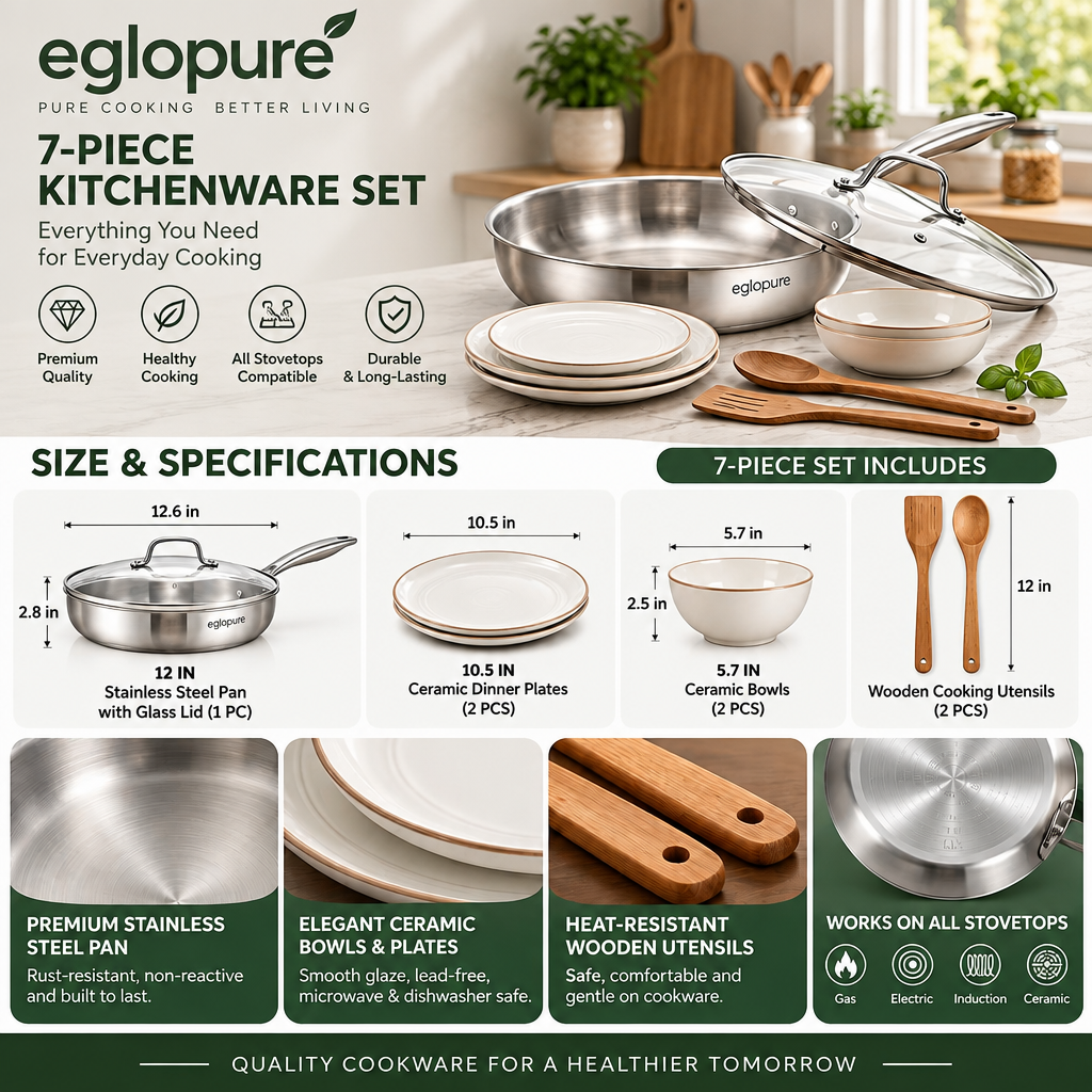 eglopure 7-Piece Kitchen Cookware and Dinnerware Set – Stainless Steel Frying Pan with Lid, Ceramic Tableware Dishes & Wooden Spatula Set for All Stovetops