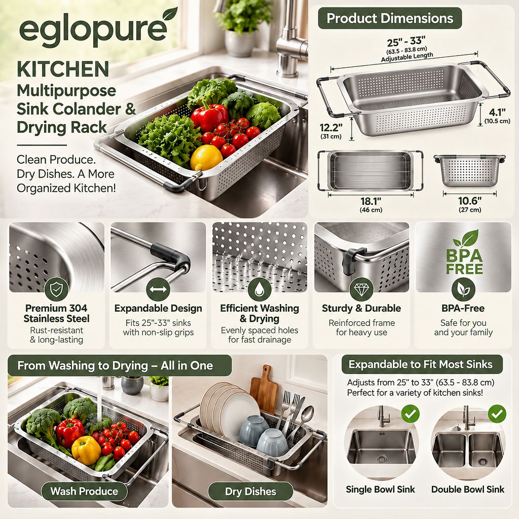 eglopure Multipurpose In-Sink Colander & Utensil Drying Rack – Premium Rustproof 304 Stainless Steel Food Strainer for Produce Prep & Tableware Drying