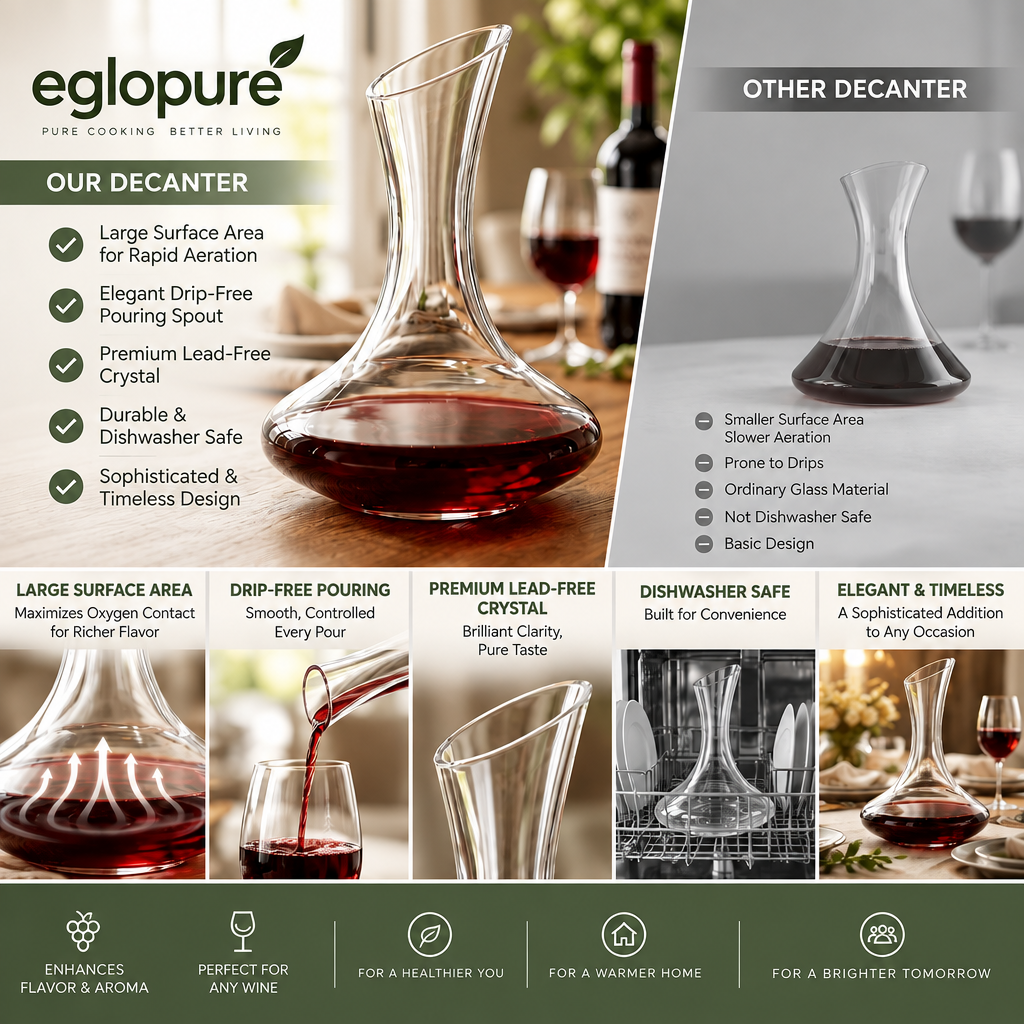 eglopure Wine Decanter and Carafe – 100% Lead-Free Crystal Glass Red Wine Aerator with Slanted Drip-Proof Pouring Spout for Wine Lovers