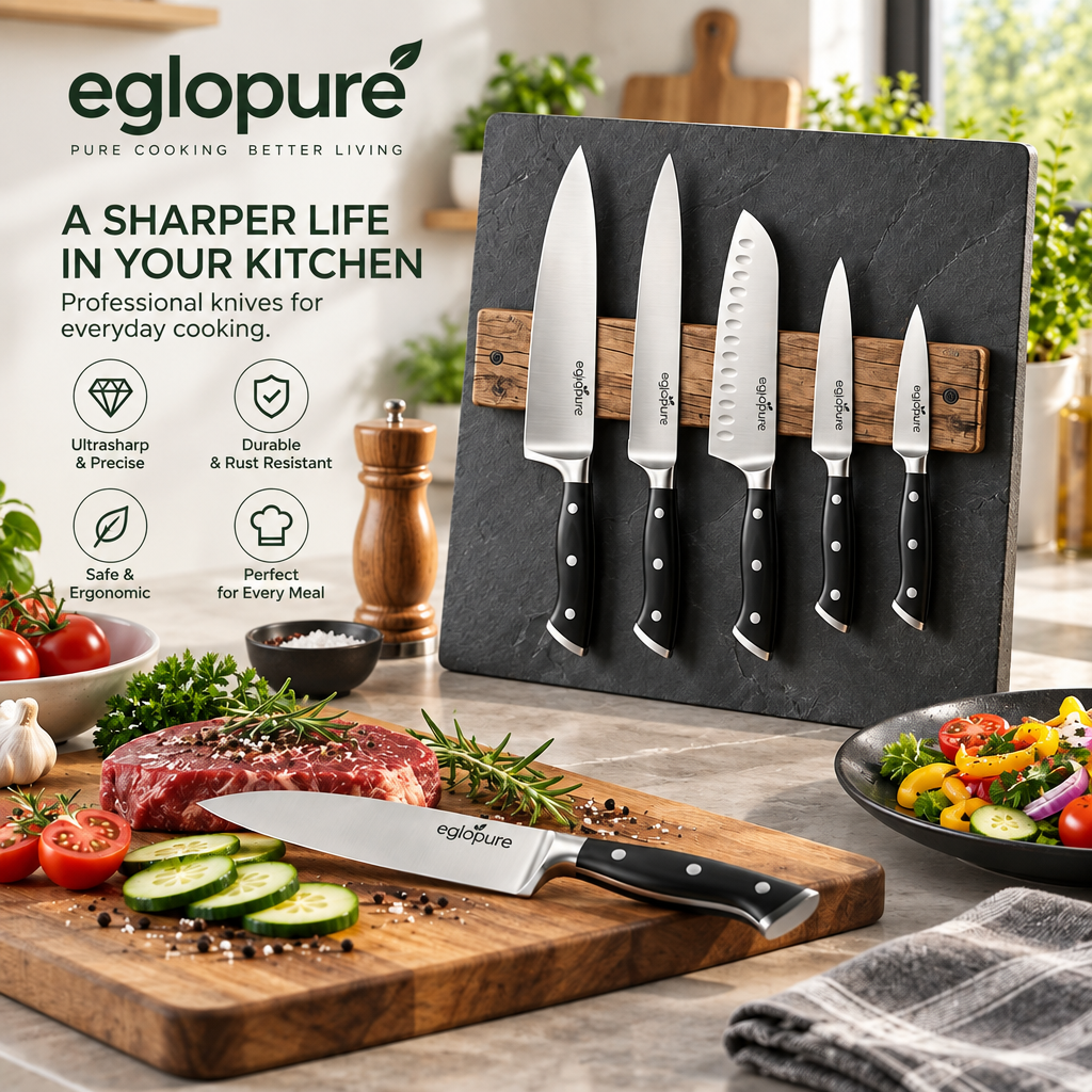 eglopure Professional 5-Piece Kitchen Knife Set – Forged High-Carbon Stainless Steel Chef Knives with Ergonomic Full-Tang Triple-Rivet Handles