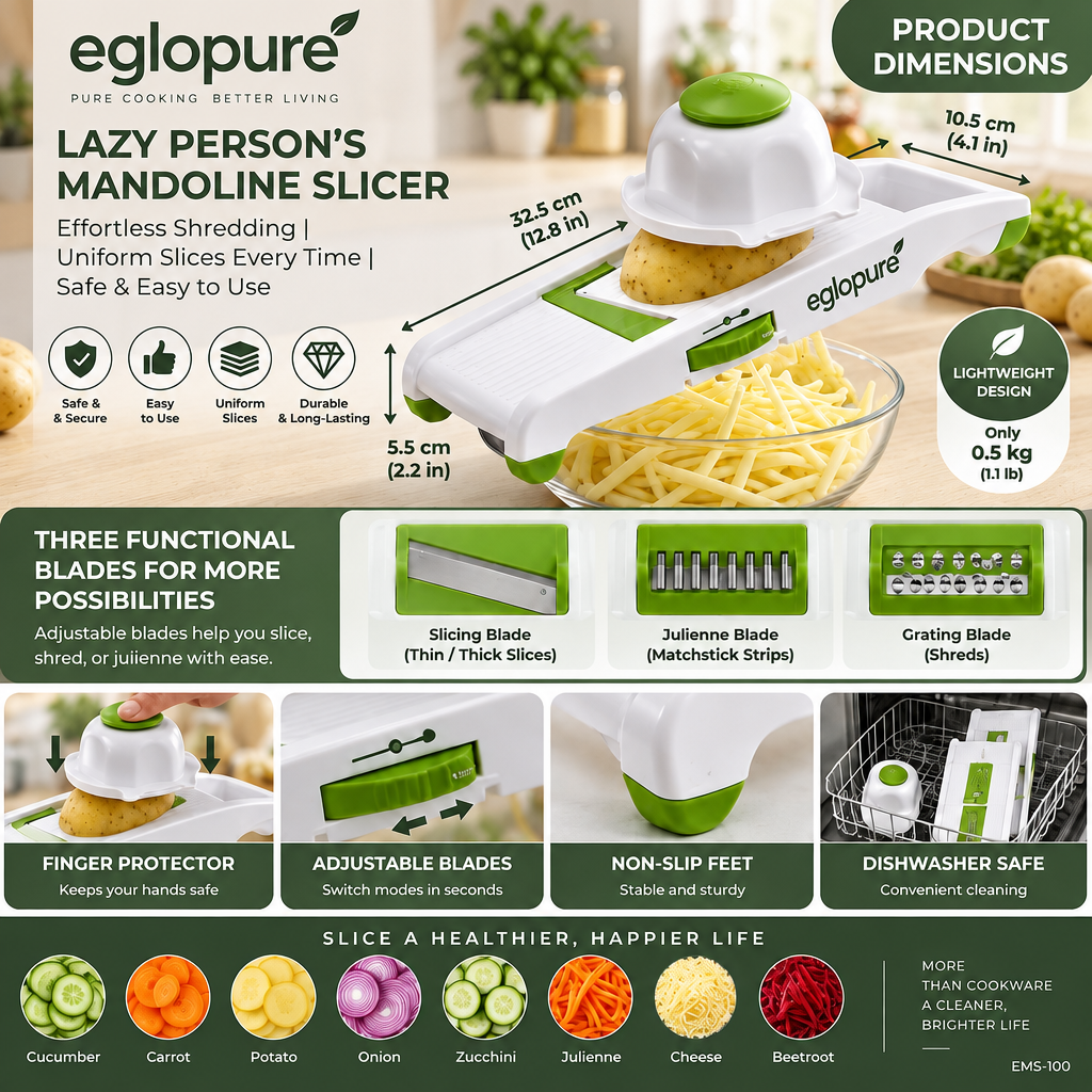eglopure Handheld Vegetable Mandoline Slicer – Adjustable Thickness Food Slicer for Potato Chips, Salads & Cabbage Shredding (Model EMS-100)