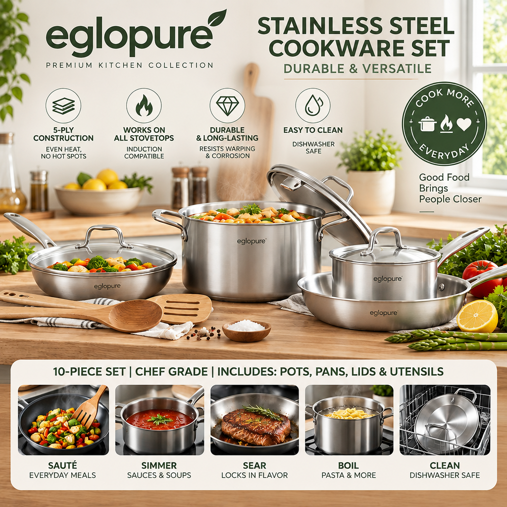 eglopure Professional Tri-Ply Clad Stainless Steel Cookware Set – Non-Stick Frying Pan, Sauté Pan, Saucepans & Stockpot with Riveted Ergonomic Handles