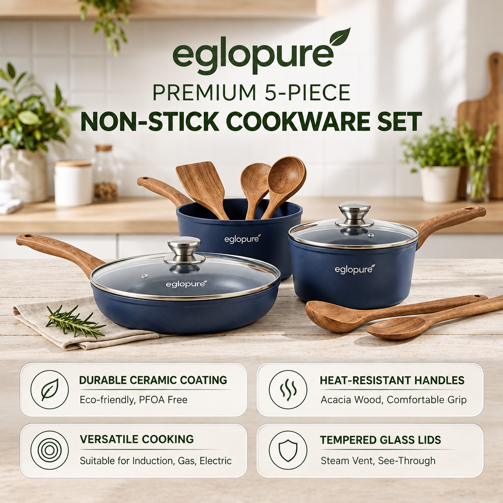 eglopure Cook Healthier, Happier Lives Kitchen Cookware Set – Elegant Navy Blue Non-Stick Skillets, Stockpot, Saucepans & Natural Wooden Spoons