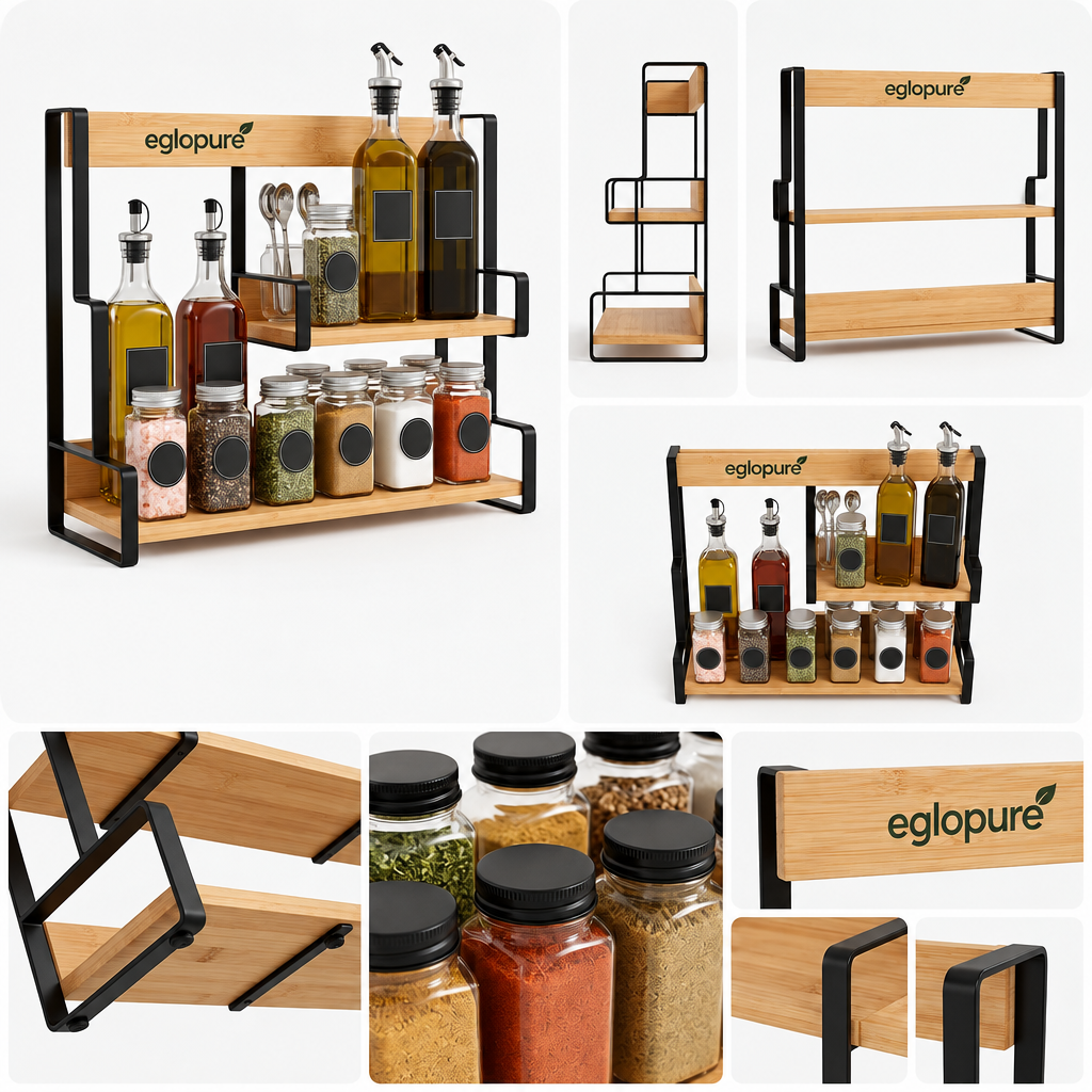 eglopure 3-Tier Standing Spice Organizer Shelf – Modern Bamboo Wood & Metal Countertop Spice Rack for Kitchen Pantry, Cabinet & Dining Table