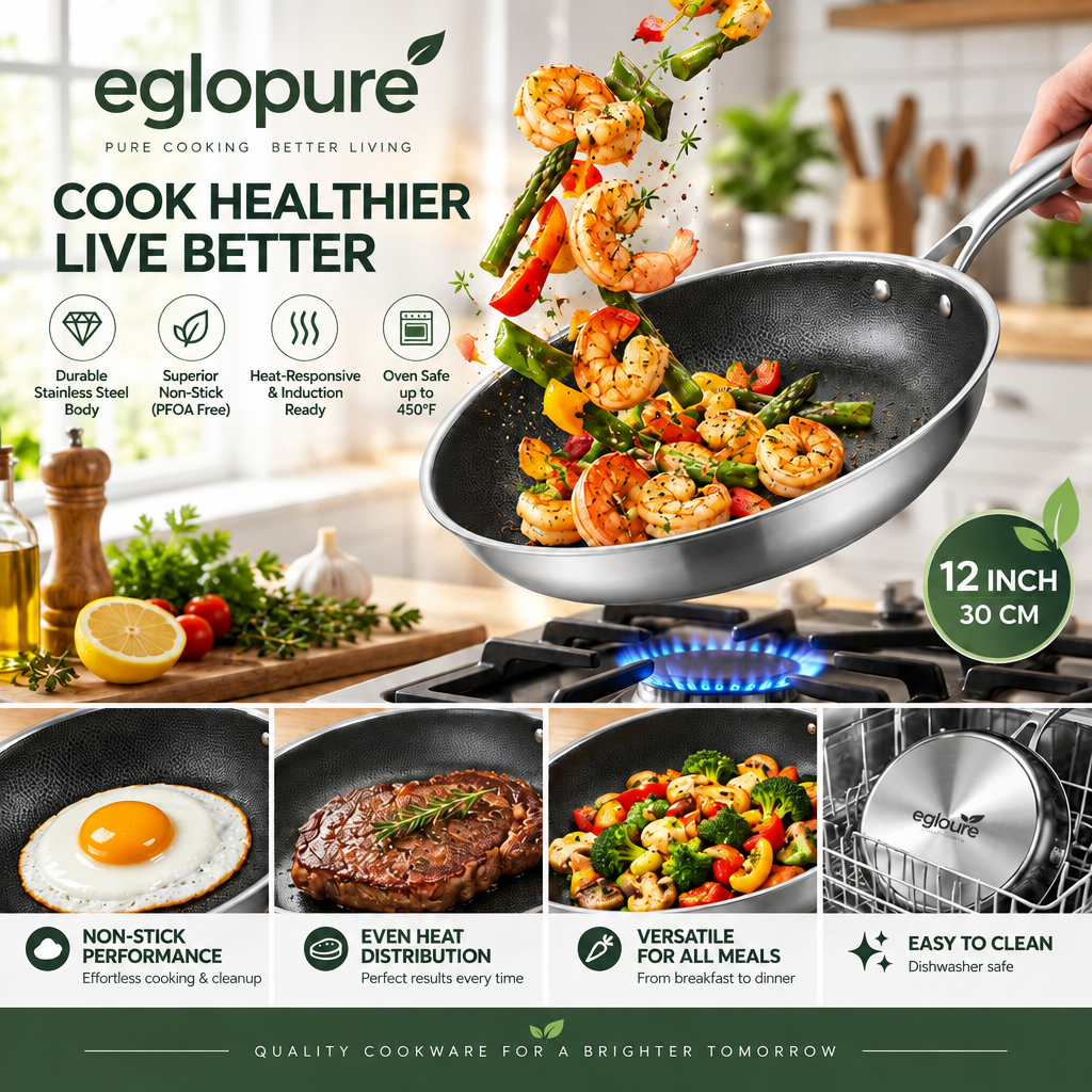 eglopure Premium Tri-Ply Stainless Steel Skillet – Scratch-Resistant Non-Stick Sauté Pan for Everyday Cooking on All Cooktops (Built to Last)