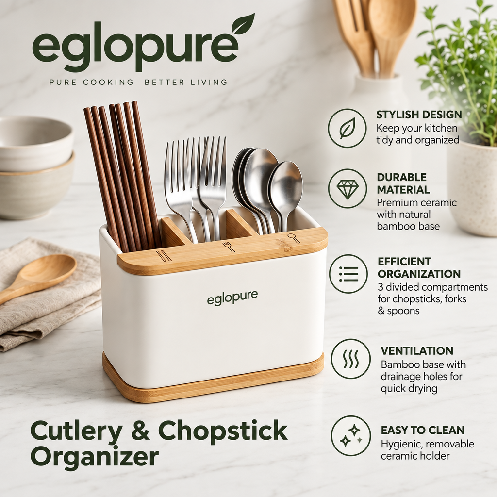 eglopure Countertop Silverware Caddy – Matte White Kitchen Utensil Organizer with Removable Bamboo Base & Dividers for Chopsticks, Forks & Spoons