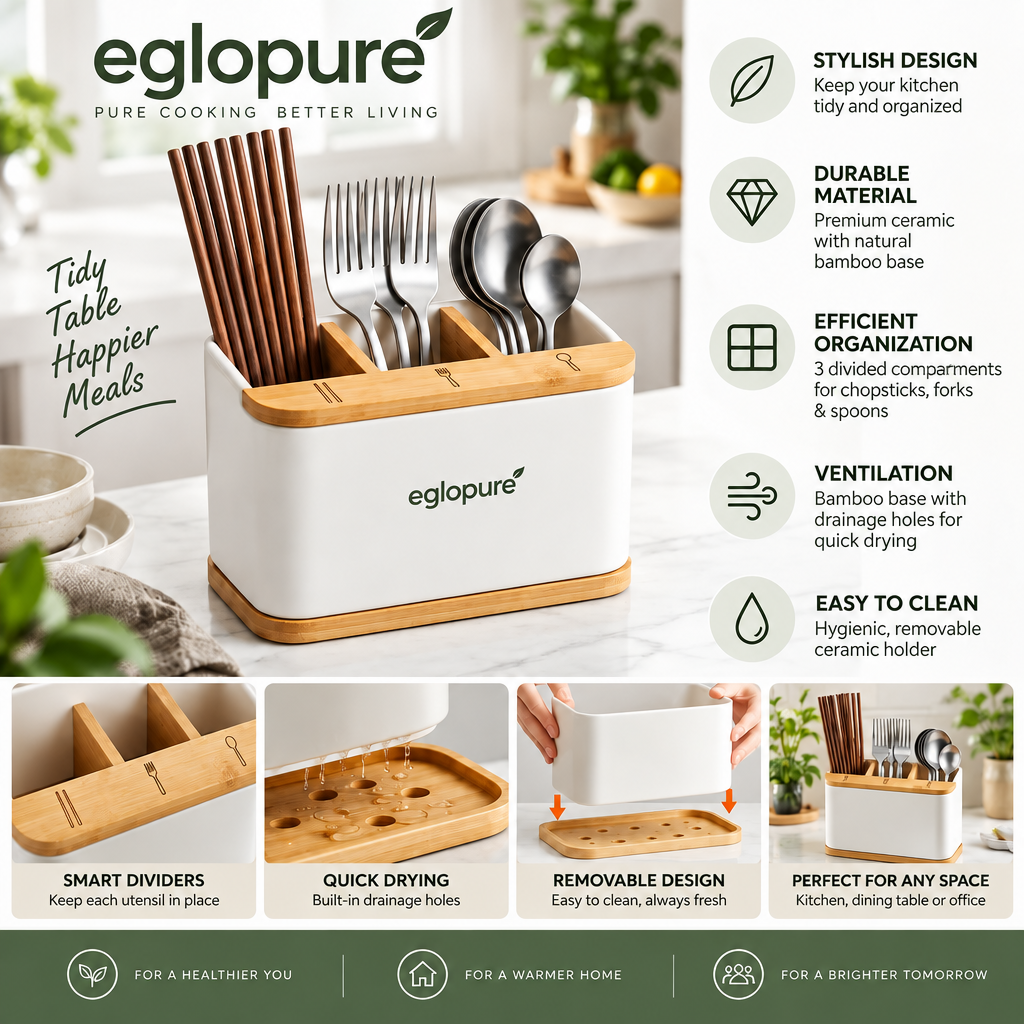 eglopure Countertop Silverware Caddy – Matte White Kitchen Utensil Organizer with Removable Bamboo Base & Dividers for Chopsticks, Forks & Spoons
