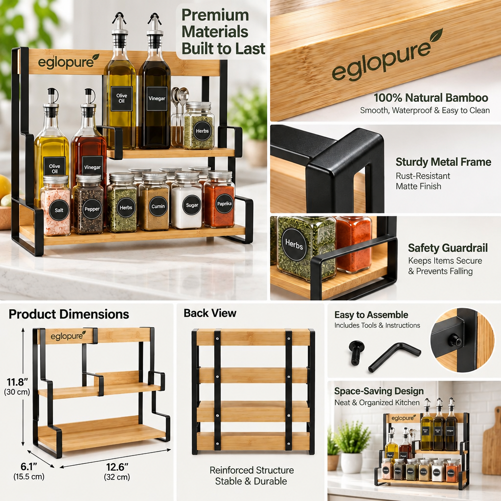 eglopure 3-Tier Standing Spice Organizer Shelf – Modern Bamboo Wood & Metal Countertop Spice Rack for Kitchen Pantry, Cabinet & Dining Table