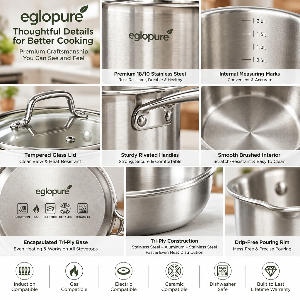 eglopure Professional Tri-Ply Stainless Steel 12-Piece Kitchen Cookware Set – Heavy-Duty Skillets, Stockpot, Saucepans & Cooking Tools (Induction, Gas, Electric)